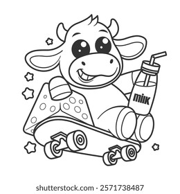 Cute cow skateboarding and carrying milk and cheese for coloring