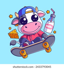 Cute cow skateboarding with milk and cheese