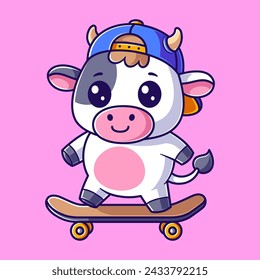 Cute cow skateboarding and wearing a blue hat