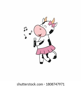 Cute cow in a skirt and with a microphone sings a song at a party. The symbol of 2021 is a bull isolated on a white background. Vector stylish cartoon illustration for the new year, scenes from life