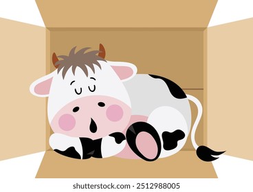 Cute cow sleeping in cardboard box
