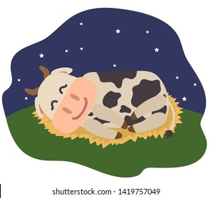 Cute cow sleeping in the hay on a blue background. Vector illustration.