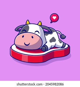 Cute Cow Sleeping on Beef Steak Cartoon Vector Icon Illustration. Animal Food Icon Concept Isolated Premium Vector. Flat Cartoon Style