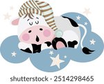 Cute cow sleeping on blue cloud
