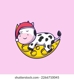 Cute Cow Sleeping On Moon Wearing Beanie Hat Cartoon Vector Icons Illustration  Flat Cartoon Concept  Suitable for any creative project 