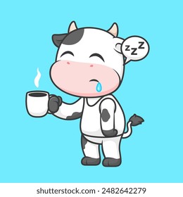 Cute Cow Sleepy Holding Coffee Cartoon Vector Icon Illustration. Animal Drink Icon Concept Isolated Premium Vector. Flat Cartoon Style
