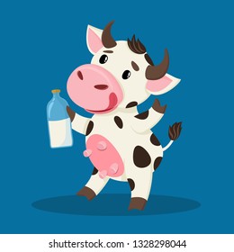 
Cute cow smiles, holds a bottle of tasty and healthy milk.