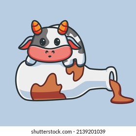 cute cow spilled milk from the bottle. isolated cartoon animal nature illustration. Flat Style suitable for Sticker Icon Design Premium Logo vector. Mascot Character