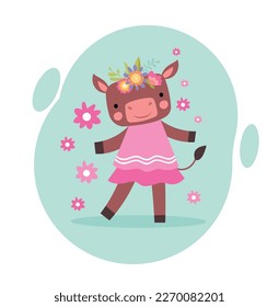 Cute cow in spring. Charming character in pink dress with wreath of flowers. Beautiful animal in clearing in summer season and warm weather. Cartoon flat vector illustration