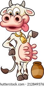 The cute cow is standing next to the small jar of illustration