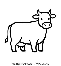 Cute cow standing with simplistic black and white line art illustration