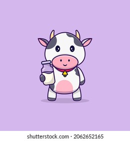 Cute cow standing and smile holding milk cartoon vector illustration, cow holding milk bottle