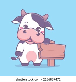 Cute cow standing with wooden sign board cartoon illustration