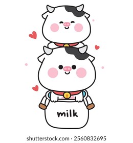 Cute cow stay in milk bottle with heart.Farm animal character cartoon design.Image for card,sticker,baby clothing.Kawaii.Vector.Illustration.