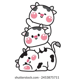 Cute cow stay on top each other greeting.Farm animal character cartoon design.Image for card,poster,sticker,baby clothing,t shirt print screen.Relax.Lay.Kawaii.Vector.Illustration.