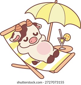 Cute Cow sticker icon. Funny Cow laying in the beach