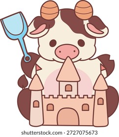 Icono de la etiqueta engomada de la vaca linda. Vaca divertida jugando castillo de arena