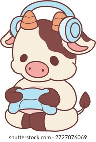 Cute Cow sticker icon. Funny Cow playing a game