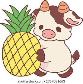 Ícone de etiqueta de vaca bonito. Engraçado Vaca trazer um abacaxi 