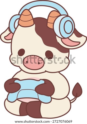 Cute Cow sticker icon. Funny Cow playing a game