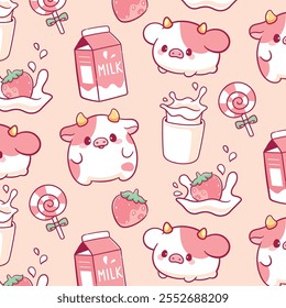 Cute Cow and strawberry milk dairy seamless pattern for milk packaging and textile pattern. 