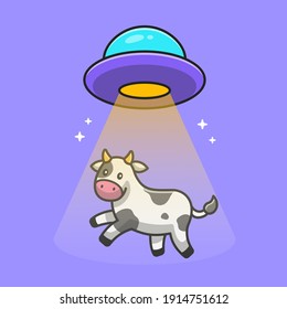 Cute Cow Sucked In UFO Spacecraft Cartoon Vector Icon Illustration. Animal Technology Icon Concept Isolated Premium Vector. Flat Cartoon Style