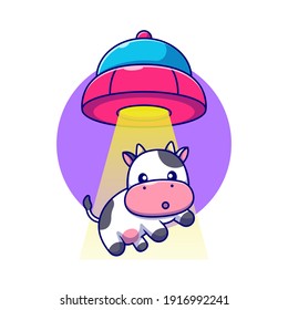 Cute Cow Sucked In UFO Spacecraft Cartoon Vector Icon Illustration. Animal Technology Icon Concept Isolated Premium Vector. Flat Cartoon Style