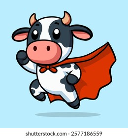 cute cow super hero pose cartoon character flat color vector illustration template design