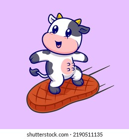 Cute Cow Surfing With Steak Meat Cartoon Vector Icon Illustration. Animal Food Icon Concept Isolated Premium Vector. Flat Cartoon Style