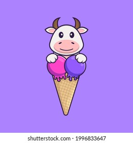 Cute cow with sweet ice cream. Animal cartoon concept isolated. Can used for t-shirt, greeting card, invitation card or mascot.