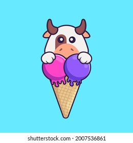 Cute cow with sweet ice cream. Animal cartoon concept isolated. Can used for t-shirt, greeting card, invitation card or mascot.