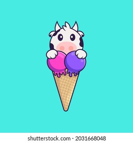 Cute cow with sweet ice cream. Animal cartoon concept isolated. Can used for t-shirt, greeting card, invitation card or mascot.