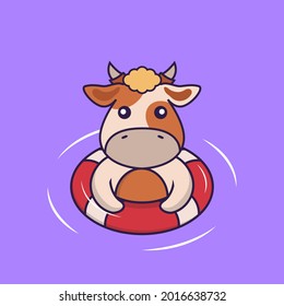 Cute cow is Swimming with a buoy.