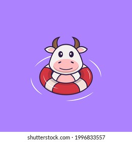 Cute cow is Swimming with a buoy. Animal cartoon concept isolated. Can used for t-shirt, greeting card, invitation card or mascot.