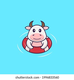 Cute cow is Swimming with a buoy. Animal cartoon concept isolated. Can used for t-shirt, greeting card, invitation card or mascot.