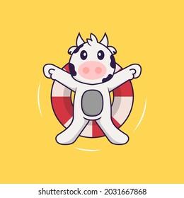 Cute cow is Swimming with a buoy. Animal cartoon concept isolated. Can used for t-shirt, greeting card, invitation card or mascot.