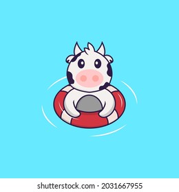 Cute cow is Swimming with a buoy. Animal cartoon concept isolated. Can used for t-shirt, greeting card, invitation card or mascot.