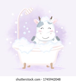 Cute cow taking bath in bathtub hand drawn cartoon illustration
