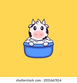 Cute cow taking a bath in the bathtub. Animal cartoon concept isolated. Can used for t-shirt, greeting card, invitation card or mascot.