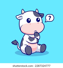 Cute Cow Thinking Cartoon Vector Icon Illustration. Animal Nature Icon Concept Isolated Premium Vector. Flat Cartoon Style