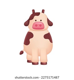 Cute cow toy for children 3D illustration. Cartoon drawing of farm or cattle animal in 3D style on white background. Nature, domestic animals, childhood concept