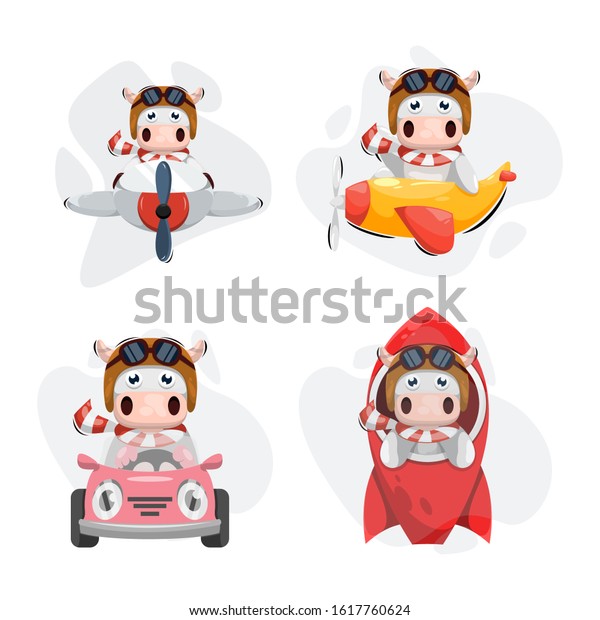 CUTE\
COW WITH TRANSPORTATION CARTOON VECTOR\
COLLECTION