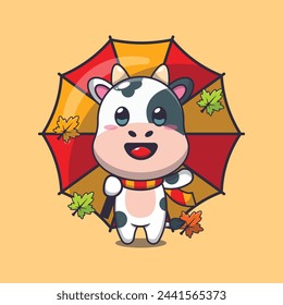 Cute cow with umbrella at autumn season. Mascot cartoon vector illustration suitable for poster, brochure, web, mascot, sticker, logo and icon.