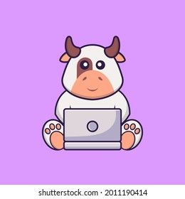 Cute cow using laptop. Animal cartoon concept isolated. Can used for t-shirt, greeting card, invitation card or mascot.
