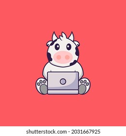 Cute cow using laptop. Animal cartoon concept isolated. Can used for t-shirt, greeting card, invitation card or mascot.