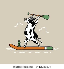 cute cow vector design character doing refreshing meditation on a paddle board in the lake