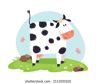 Cute cow vector flat illustration with landscape isolated on white background. Farm animal cow cartoon character.