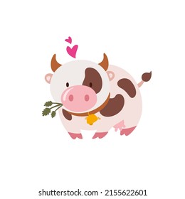 Cute cow vector illustration. Cow chewing grass. Animal illustration for kids. 
