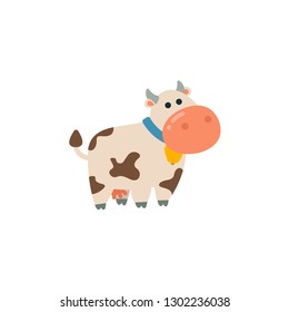 Cute cow vector illustration. Simmental cattle with blue collar isolated on white background.