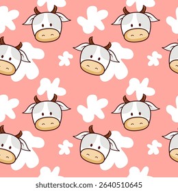 cute cow vector seamless pattern in pink background and white doodle for wallpaper and fabric textile design